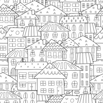 Doodle houses black and white seamless pattern. Hand drawn background with city landscape for coloring page. Vector illustration
