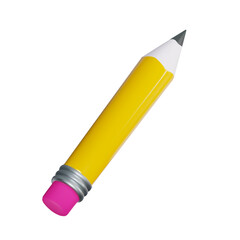 render of an icon of a simple yellow pencil with a pink eraser on a white isolated background. Vector illustration in realistic 3d style