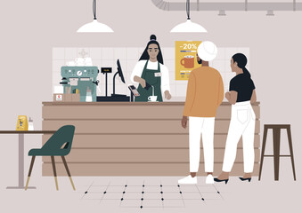 A young bartender serving coffee to a couple at the coffeeshop counter, morning rituals and modern lifestyle