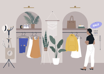 A fashion store interior, organic materials and accessories, handmade decor, a customer walking around