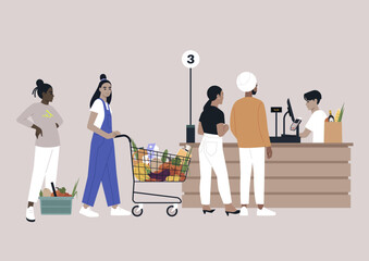 Supermarket cash register, a diverse group of people with carts and baskets waiting in line