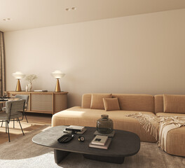 Mock up wall in modern interior background. Neutral wooden livingroom with dried flowers and home decor. 3d rendering. High quality 3d illustration