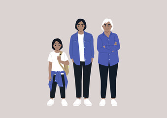 Fototapeta premium A multigenerational family, a kid, a young adult, a senior character gathered together