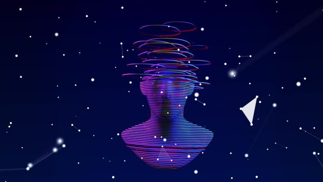 3d digital abstract human face on a dark background. Futuristic face cut into colored slices. 