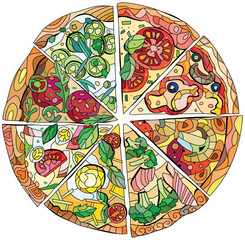 Set of slices of pizza, decorative zentangle vector illustration