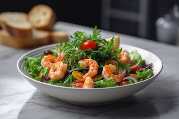 Fresh salad with shrimp, avocado and herbs on a plate. Generative AI.