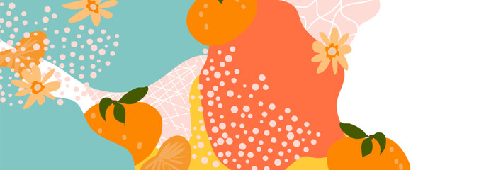 Vector background with flat tangerines and abstract elements. Hand colored background with textures	