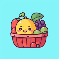 Wholesome Food Display, Cartoon Fruit Icons in a Basket, Vector Illustrations