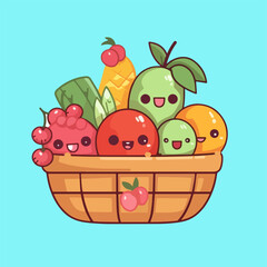 Basketful of Goodness, Cartoon Vector Fruit Illustrations in Flat Style for Healthy Eating