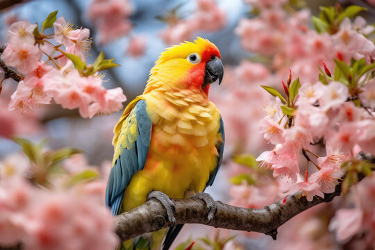 dramatic photo portrait of cute parrot on flower blossom