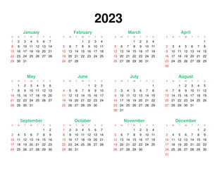 2023 Calendar year vector illustration. The week starts on Sunday. Annual calendar 2023 template.