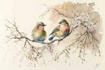 Zelfklevend Fotobehang Colorful birds on stick blooming tree with flower in watercolor design artistic. Concept of painting technique isolated on white background in canvas. Glorious generative AI. © Blue Planet Studio