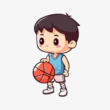 Childhood Basketball Adventures, Cartoon Vector Icon of a Young Boy Engaging in the Game