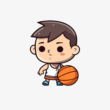 Healthy Living and Personal Skills, Cartoon Vector Illustration of a Young Boy Engaged in Basketball