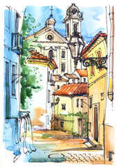 Lisbon Portugal. Watercolor Travel Sketch. Lisbon cityscape. Portugal Architecture. Streets of the old city