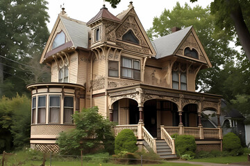 Fototapeta na wymiar Victorian Stick Style House - Originated in United States in late 19th century, characterized by a wood-frame construction with decorative woodwork in the form of brackets & spindles (Generative AI)