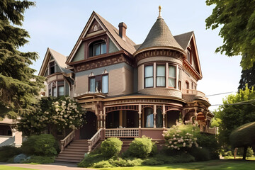 Fototapeta na wymiar Queen Anne Style House - Originated in England in the late 19th century, characterized by asymmetrical design, steep roofs, and decorative details such as spindles and brackets (Generative AI)