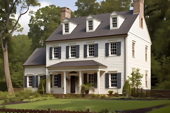 Colonial Dutch Style House - Originated in the United States in the 17th and 18th century, characterized by a gambrel roof with flared eaves and a central chimney (Generative AI)