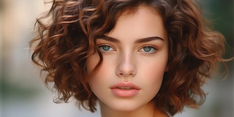 Naklejka premium Beautiful brown haired with stylish short hairstyle. Woman with a curly hair. Generative Ai.
