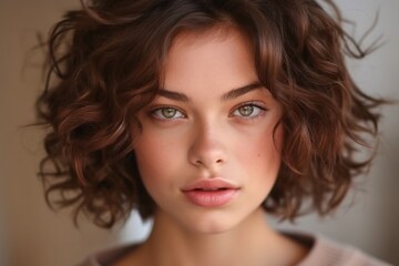 Fototapeta premium Beautiful brown haired with stylish short hairstyle. Woman with a curly hair. Generative Ai.