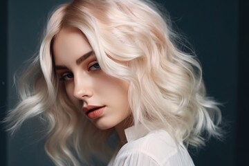 Fototapeta premium Beautiful girl hair coloring in ultra blond. Stylish hairstyle curls done in a beauty salon. Fashion, cosmetics and makeup. Generative ai.