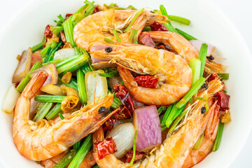 A dish of home-cooked celery fried shrimp