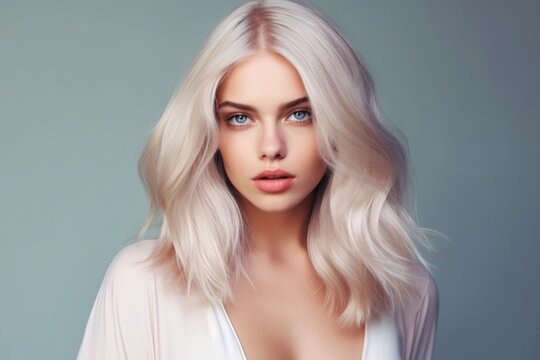 Beautiful girl hair coloring in ultra blond. Stylish hairstyle curls done in a beauty salon. Generative Ai.