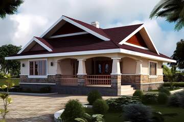 Bungalow Style House - Originated in India in the 19th century, characterized by a low-pitched roof with wide eaves, a front porch, and a single-story layout (Generative AI)
