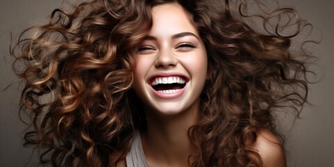 Fototapeta premium Beautiful laughing brunette model girl with long curly hair . Smiling woman hairstyle wavy curls . Generative Ai.