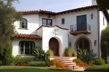 Fototapeta na wymiar Spanish Colonial Style House - Originated in the Americas during the Spanish colonial period, characterized by a stucco exterior, red tile roof, and arched doorways and windows (Generative AI)