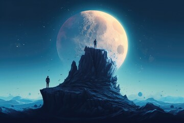 Silhouette person stands on the mountain with full moon. Generative AI.