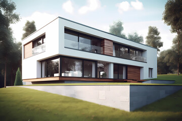 Modern Style House - Originated in the early 20th century, characterized by simplicity, clean lines, and the use of modern materials such as concrete and steel (Generative AI)