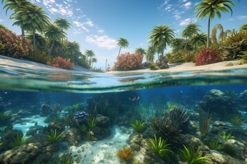 Underwater of tropical paradise island. Generative AI.