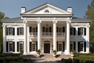 Fototapeta na wymiar Neoclassical Revival Style House - Originated in United States in late 19th & early 20th century, characterized by a symmetrical design with columns, pediments and a central front door (Generative AI)