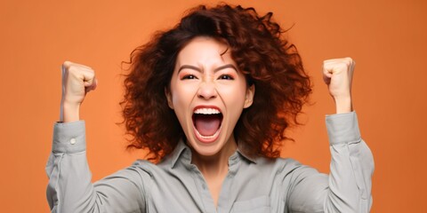 Photo of ecstatic lady shout loud yeah fist up raise win lottery isolated bright shine color background. Generative ai.