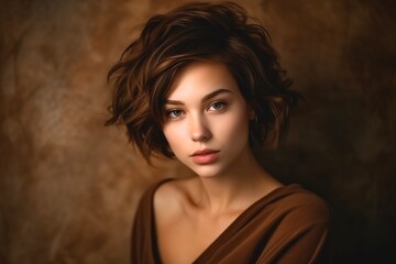 Portrait of a beautiful brown-haired woman with a short haircut on a brown background. Generative ai.