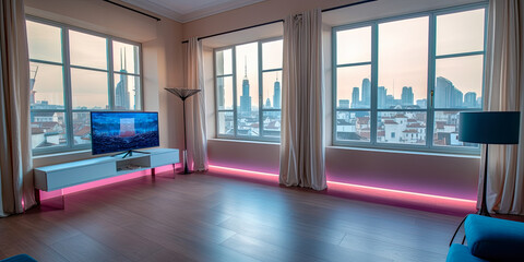 A modern living room with wide glass windows and city view - Generative AI