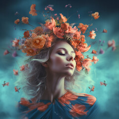 Beautiful white girl with flowers in hair. Lady spring full of flowers portrait. Season in human form. AI generative