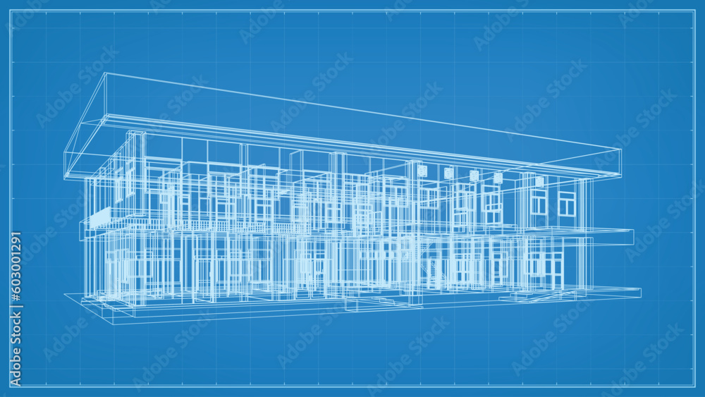 Poster 3d perspective render of wireframe architectural construction. 3d building wireframe. vector illustr