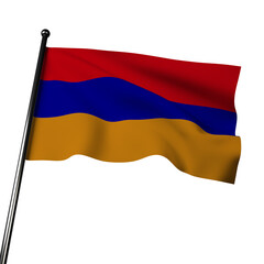 3D rendering of the Armenian flag, with realistic fabric that appears to be waving in the wind. The bold colors of red, blue and orange, represent the history and culture of Armenia.