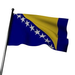 Celebrate Bosnian culture with this 3D render of the Bosnia and Herzegovina flag. The blue and yellow design with seven white stars waves against a gray background. 