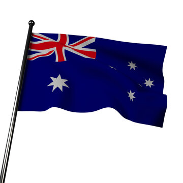3D rendering of the Australian flag, featuring realistic fabric that appears to wave in the wind. The Union Jack, Southern Cross, and vibrant blue and red colors