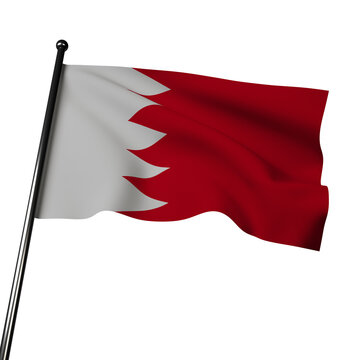 3D rendering of the Bahraini flag waving on a gray background with a realistic ripple cloth effect. This patriotic image features bold red and white colors, along with five triangles