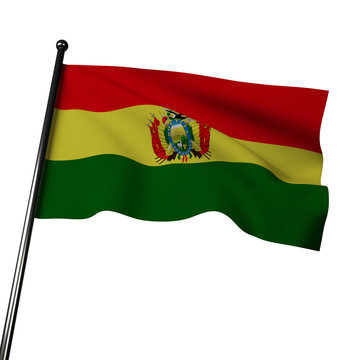 3D render of the Bolivian flag waving on a gray background. The flag features yellow, green, and red stripes, with the coat of arms in the center. The wavy cloth adds a dynamic touch.