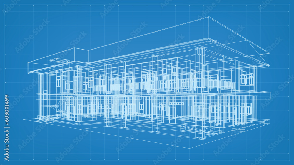 Aufkleber 3d perspective render of wireframe architectural construction. 3d building wireframe. vector illustr