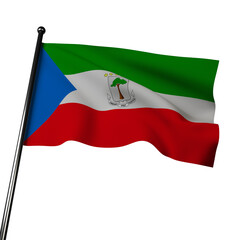Equatorial Guinea flag 3D waving on gray with green, white, and red stripes, blue triangle, and coat of arms. Colors represent natural resources, peace, patriotism. 