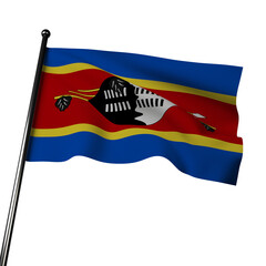 Eswatini flag waving on gray background, 3 horizontal stripes: blue for peace, yellow for mineral resources, and red for battles. 