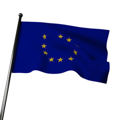 European Union flag waving on gray background, 12 yellow stars symbolize unity on blue harmony background. Represents political and economic union of 27 member state