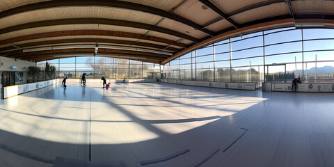 A person roller skating in a sports hall with a panoramic view - Generative AI