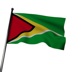 3D Guyana flag waving on gray background. Green for agriculture, gold for wealth, and red triangle for Guyanese zeal.